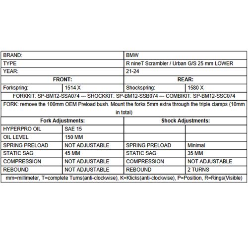 01-042-5853-0 Assetto ribassato SET di -25mm per BMW RnineT Scrambler / Urban G/S (2021-), Molle di ricambio